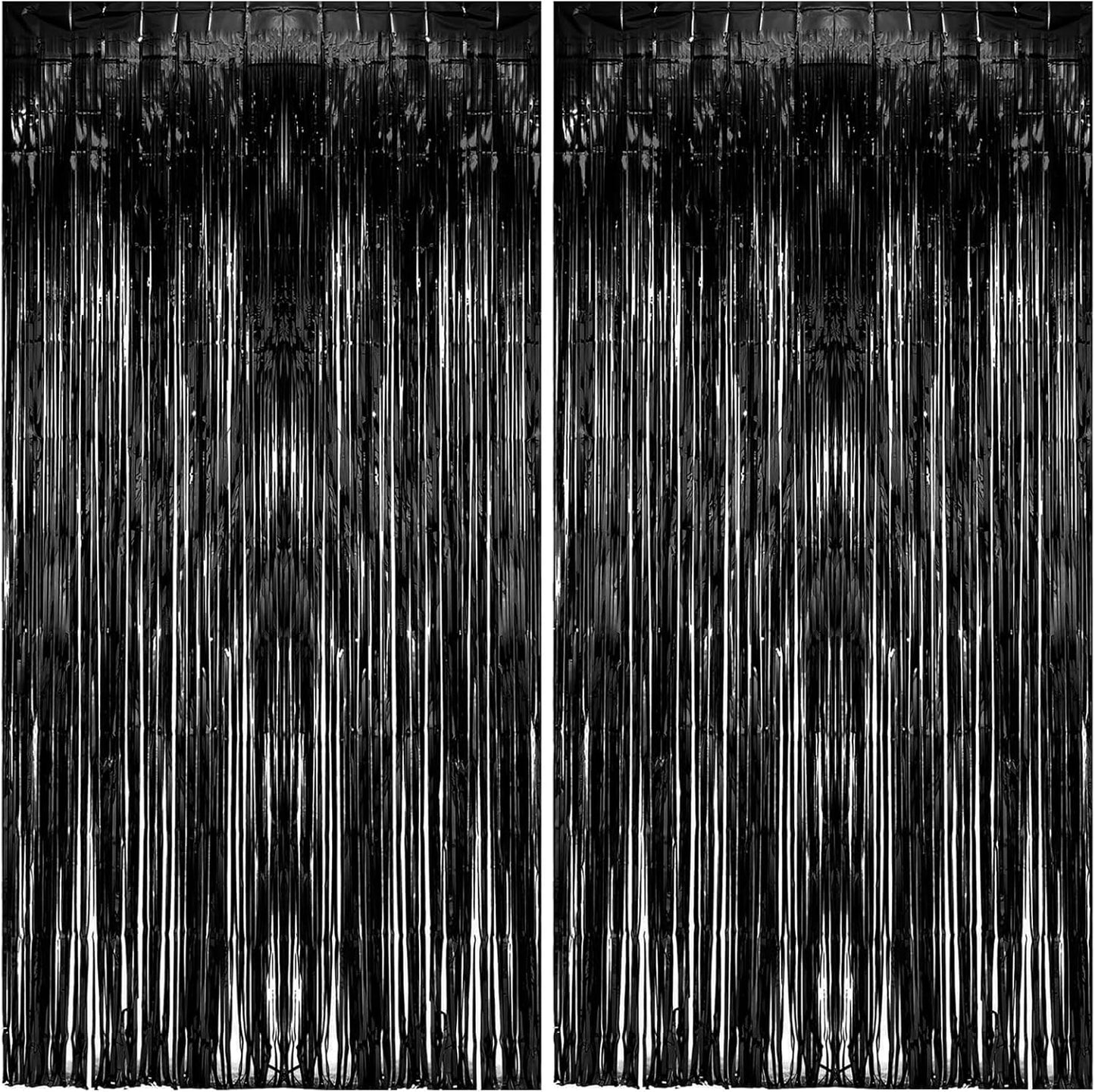 Skiennix Foil Curtain Backdrop - Black Metallic Tinsel Fringe for Photo Booths | 2 Pack Party Decorations