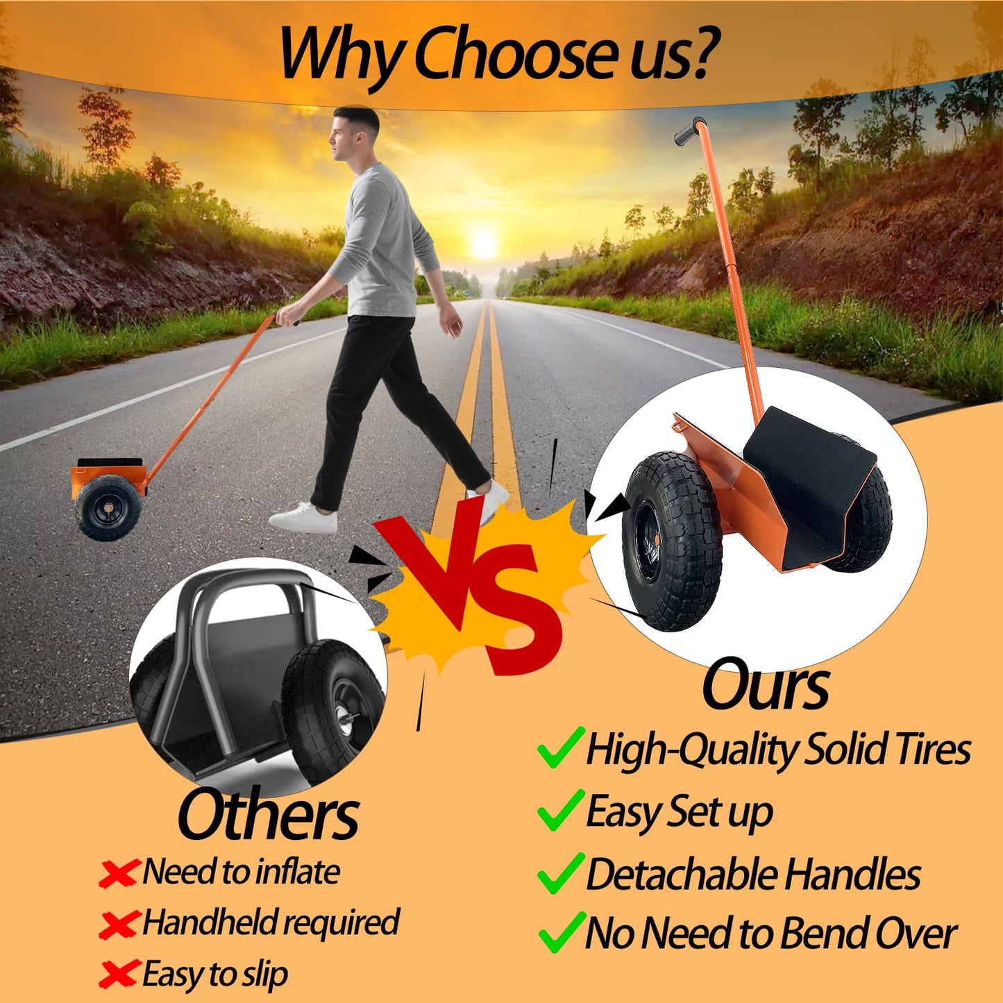 Heavy Duty Panel Dolly, All-Terrain Slab Dolly with 1000 LB Weight Capacity,10-inch Wheels (Orange Solid Tires)-Patent Pending