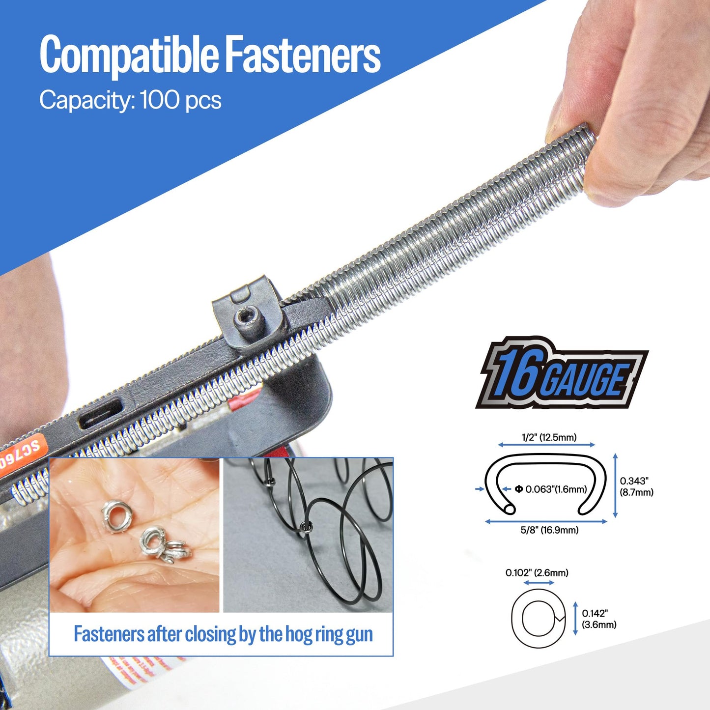 meite SC760S-I2 Pneumatic Hog Ring Gun, 16 Gauge 1/2" Crown Hog Ring Pliers, 2.6-3.6 mm Closure, Short Magazine Lightweight Air C Ring Stapler for Fencing, Upholstery, Pet Cages, and Bag Closing