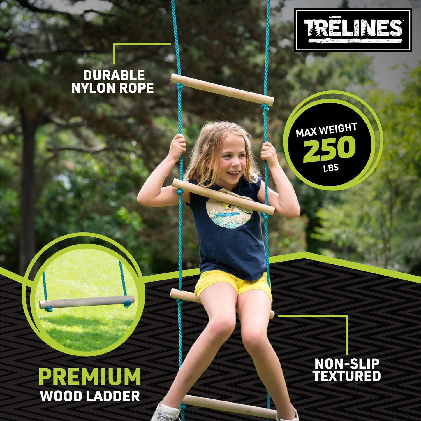 Trelines 7 ft. Wooden Climbing Rope Ladder - Kids Ninja Warrior Obstacle Course Accessory - Perfect for Enhancing a Ninja Slackline, Tree Branch, Swing Set Kit - Tree Play Equipment - Ages 5+ 250 lbs.
