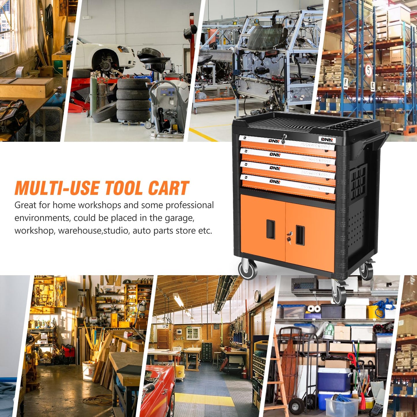 DNA Motoring 4-Drawer Rolling Tools Chest, Rolling Tool Storage Cabinet, Heavy Duty Mechanic Tool Cart, Trolley Organizer for Garage, Warehouse, Workshop, Orange, TOOLS-00402
