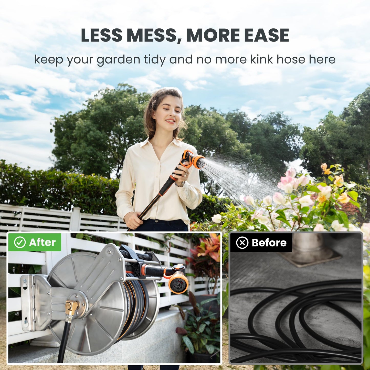 Giraffe Tools Stainless Steel Garden Hose Reel Heavy Duty, Wall/Floor Mounted Stainless Water Hose Reel Retractable with Crank, 150-Feet 5/8" Hose Capacity＆100FT hose