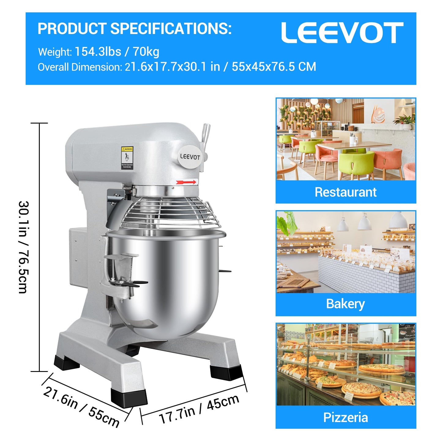 LEEVOT Commercial Mixer 30QT, Heavy Duty Stand Food Mixer, 3-Speed Adjustable Electric Dough Mixer with Stainless Steel Bowl for Home Bakery Pizzeria Restaurant 120V 60HZ