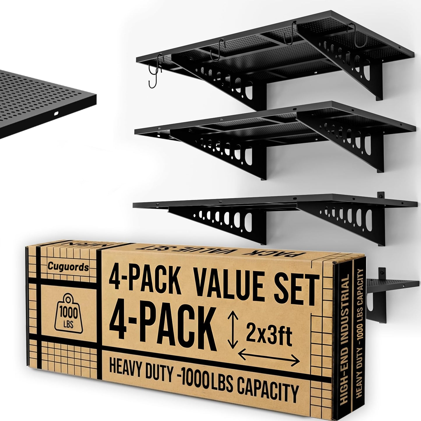 Cuguords 4-Pack 2x3ft Wall Storage Shelves, 1000 Lbs Garage Wall Shelf, Heavy Duty Floating Tool Rack With Complete Install Kit, Black