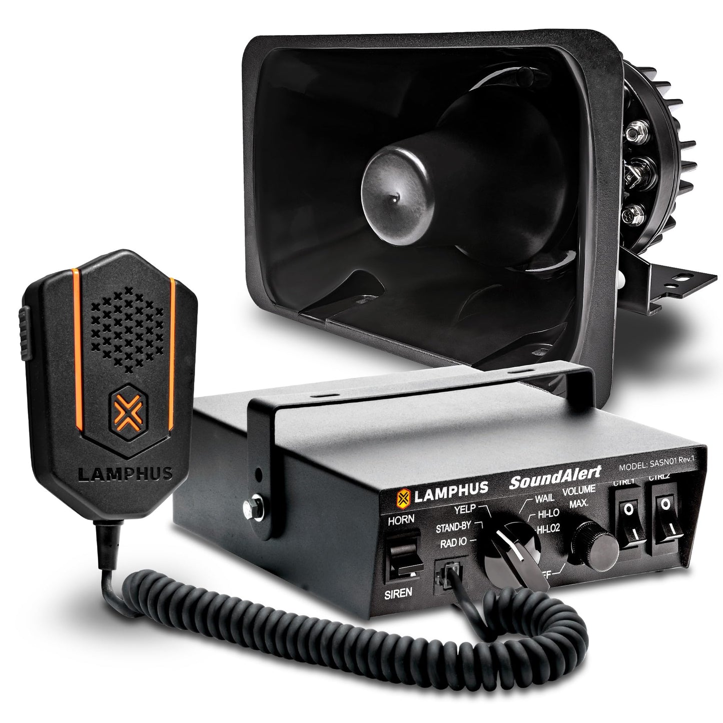 SoundAlert 100W Emergency Police Siren Kit [120-130dB Bullhorn Speaker] [2 x 16A Switch Control] [Hands-Free Air Horn] [PTT Mic] [Radio Rebroadcast] Warning Emergency PA System for Truck Car