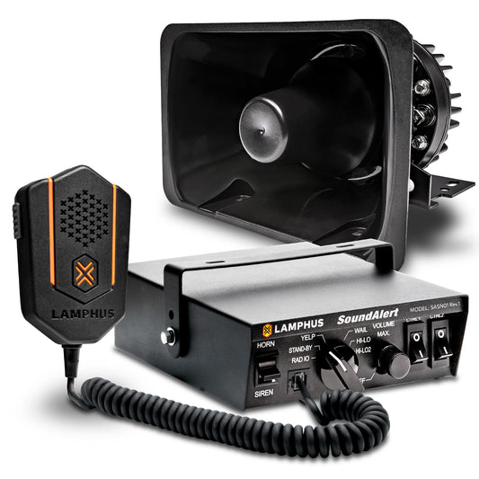 SoundAlert 100W Emergency Police Siren Kit [120-130dB Bullhorn Speaker] [2 x 16A Switch Control] [Hands-Free Air Horn] [PTT Mic] [Radio Rebroadcast] Warning Emergency PA System for Truck Car