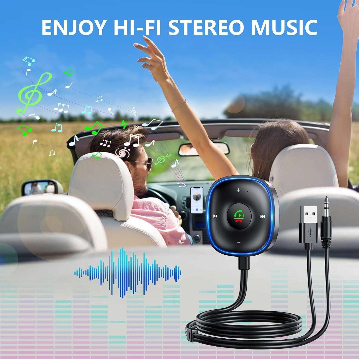 SONRU 5.3 Bluetooth Aux Car Adapter, Bluetooth Receiver for Car [Dual Connection & Mic Noise Cancellation], Aux Adapter