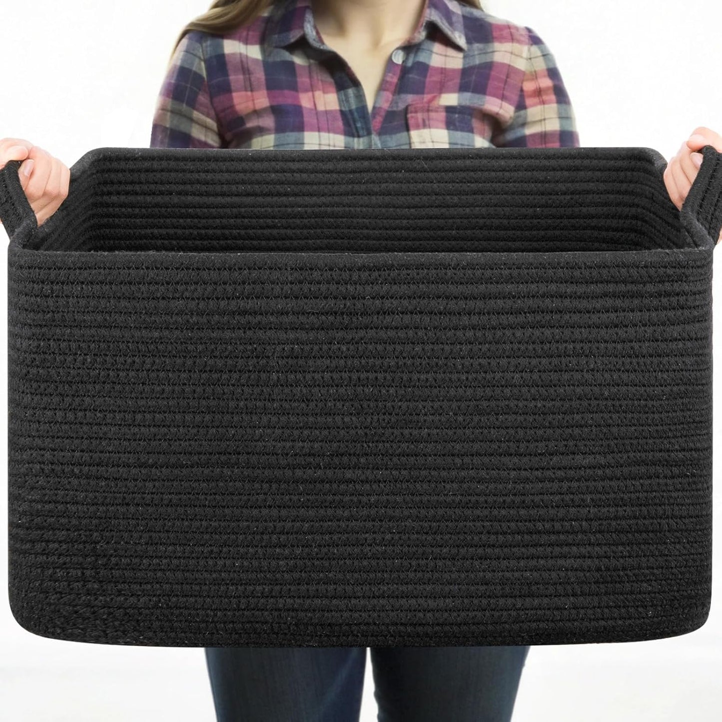 OIASKET Large Black Blanket Basket - Stylish Woven Storage for Toys, Towels & Laundry