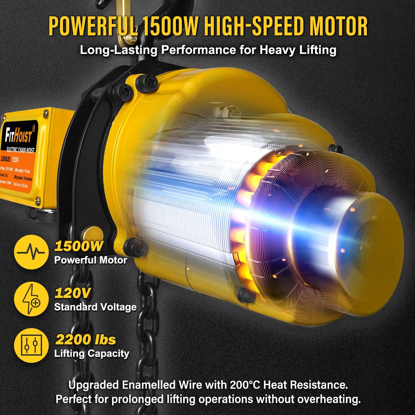 FITHOIST Electric Chain Hoist 1 Ton, 2200 lbs Capacity, 10 ft Lift Height, 1500W Motor, G80 Chain, 20 ft Wired Remote with Emergency Stop, 120V Hoist Lift for Garage, Workshop, Farm