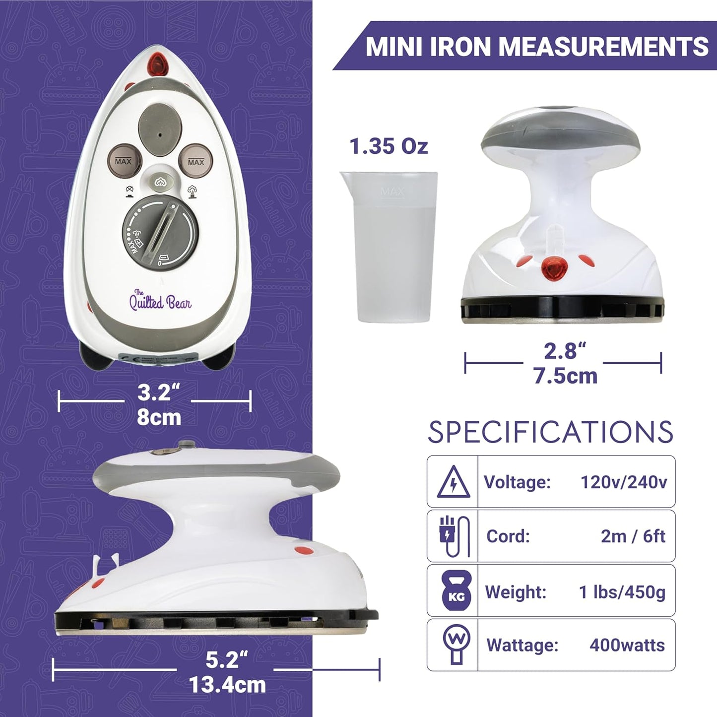Quilted Bear Mini Steam Iron - Lightweight Travel Iron for Wrinkle-Free Clothes & Quilting - Black Hard Shell Case