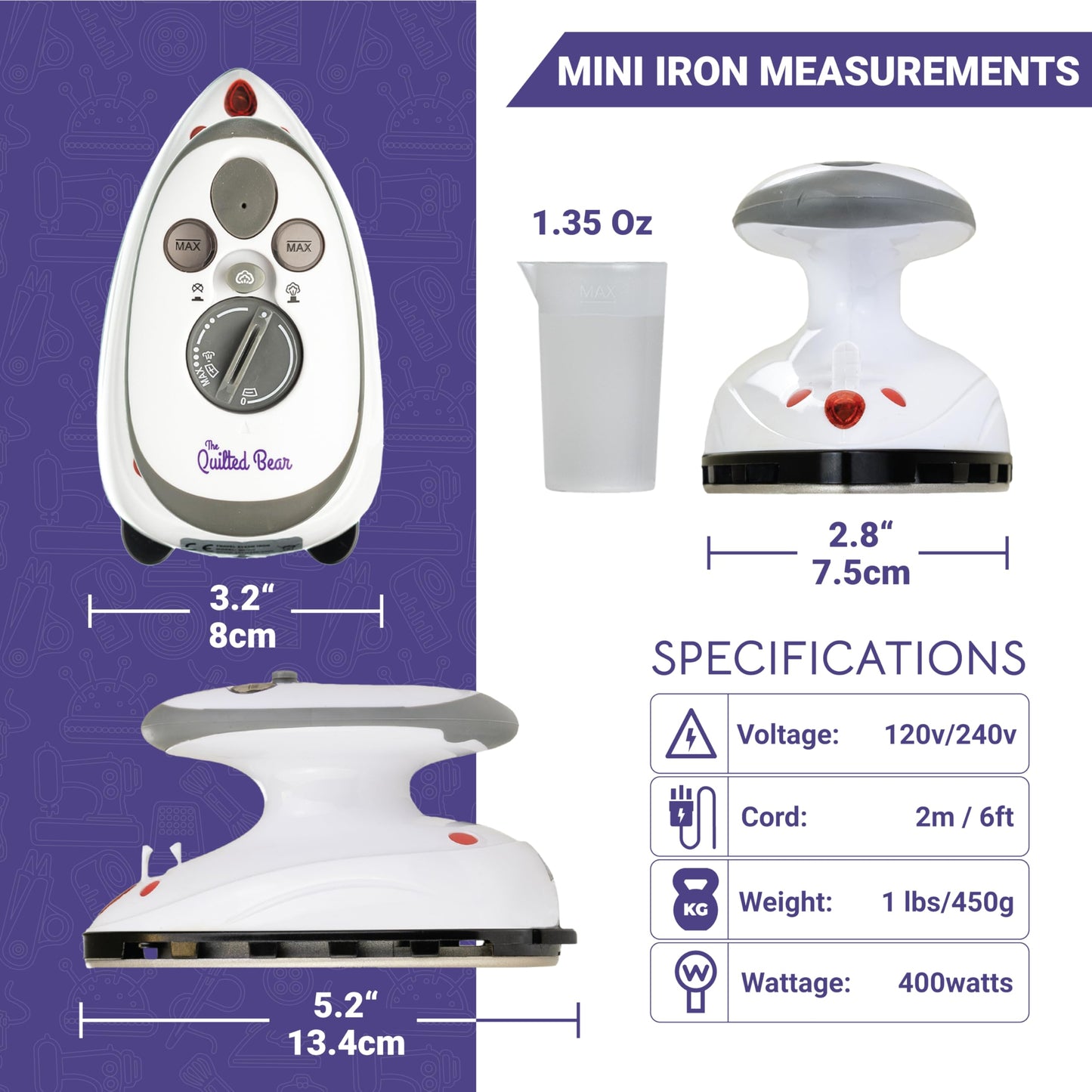 The Quilted Bear Mini Steam Iron - Lightweight Mini Travel Iron for Effortless Quilting & Wrinkle-Free Clothes with Hard Shell Case - Travel Steamer Craft Press for Clothes & Crafts (Black)