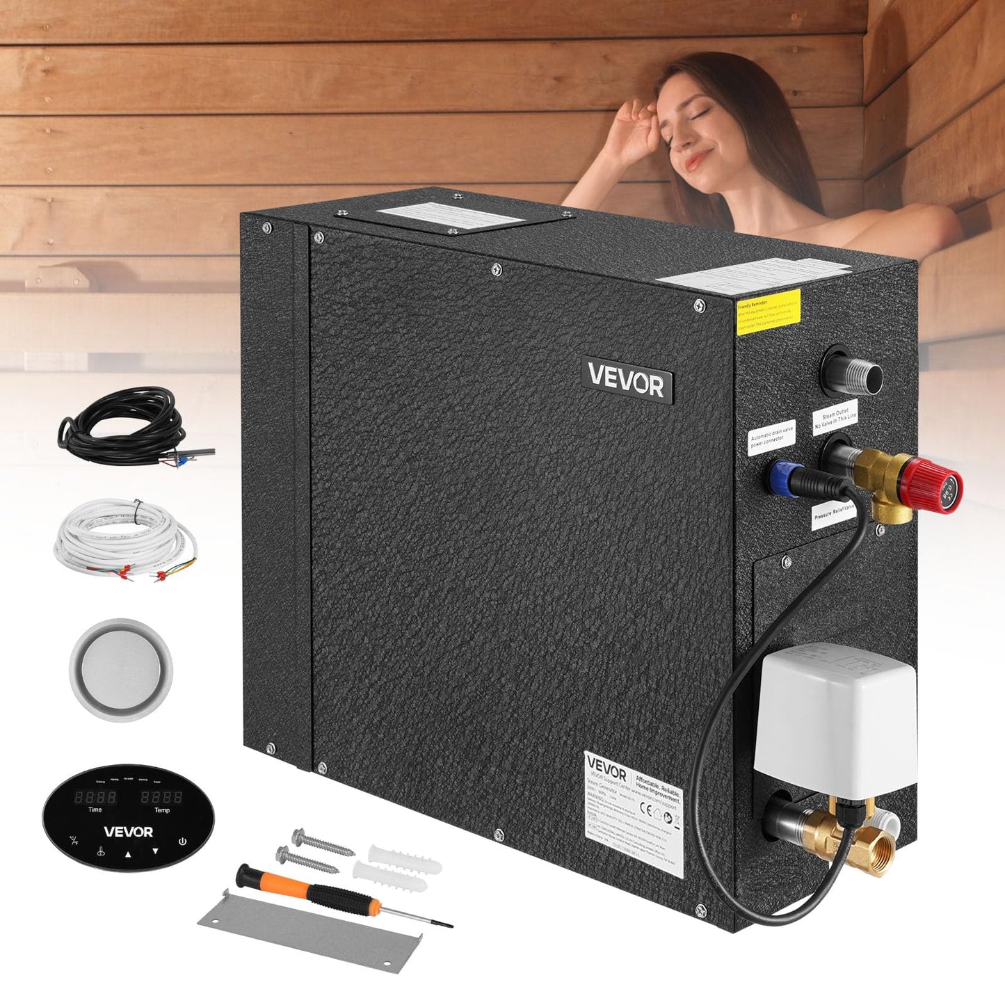 VEVOR Steam Generator, 7.5 kW Steam Shower System with Controller for Home Sauna & Spa, Commercial Auto Drain Kit with Overheat, Dry-Run & Overpressure Protection, 10min to 24h Timer, Black