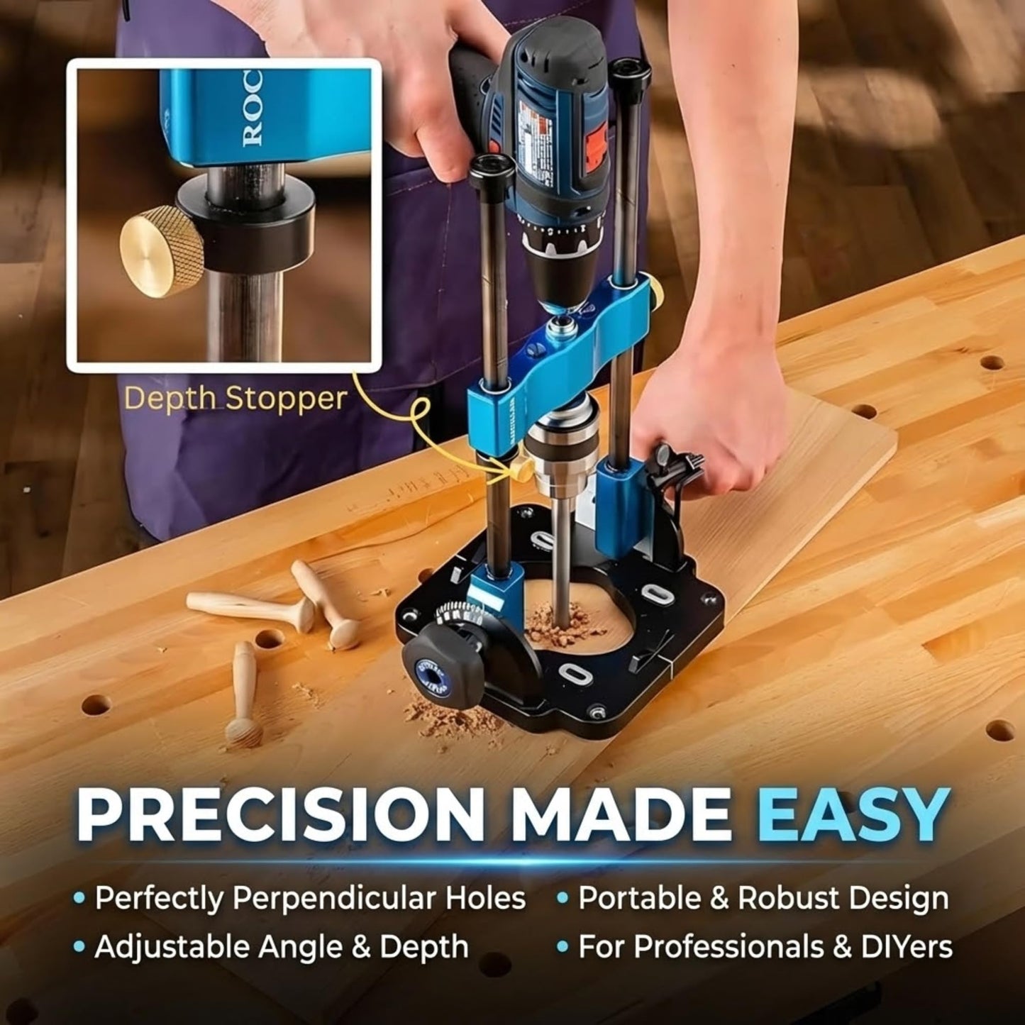 Rockler Drill Guide | Portable Drill Press Adapter for Hand Drill - 0 to 60 Angle w/Protractor & Chuck Key for straight holes - Rockler Woodworking