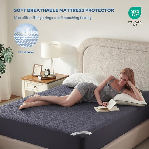 BEDLORE Waterproof Mattress Protector - Soft Queen Size Pad with Deep Pocket (6"-18" Depth) | Navy Blue