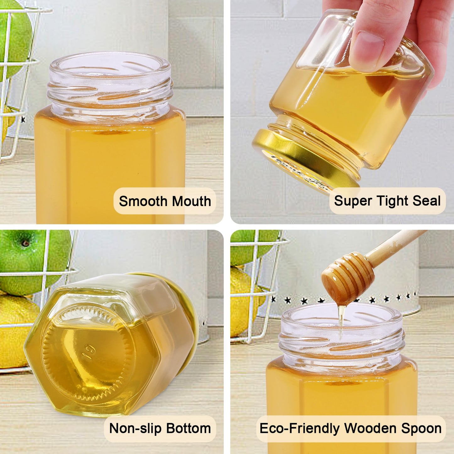 Aliggbent 70 Pack Small Honey Jars for Party Favors in Bulk, 3 oz Mini Hexagon Glass Honey Jars with Dippers, Lids, Cute Stickers, Bee Charms, Gift Bags and Jute for Baby Showers, Weddings, Birthdays
