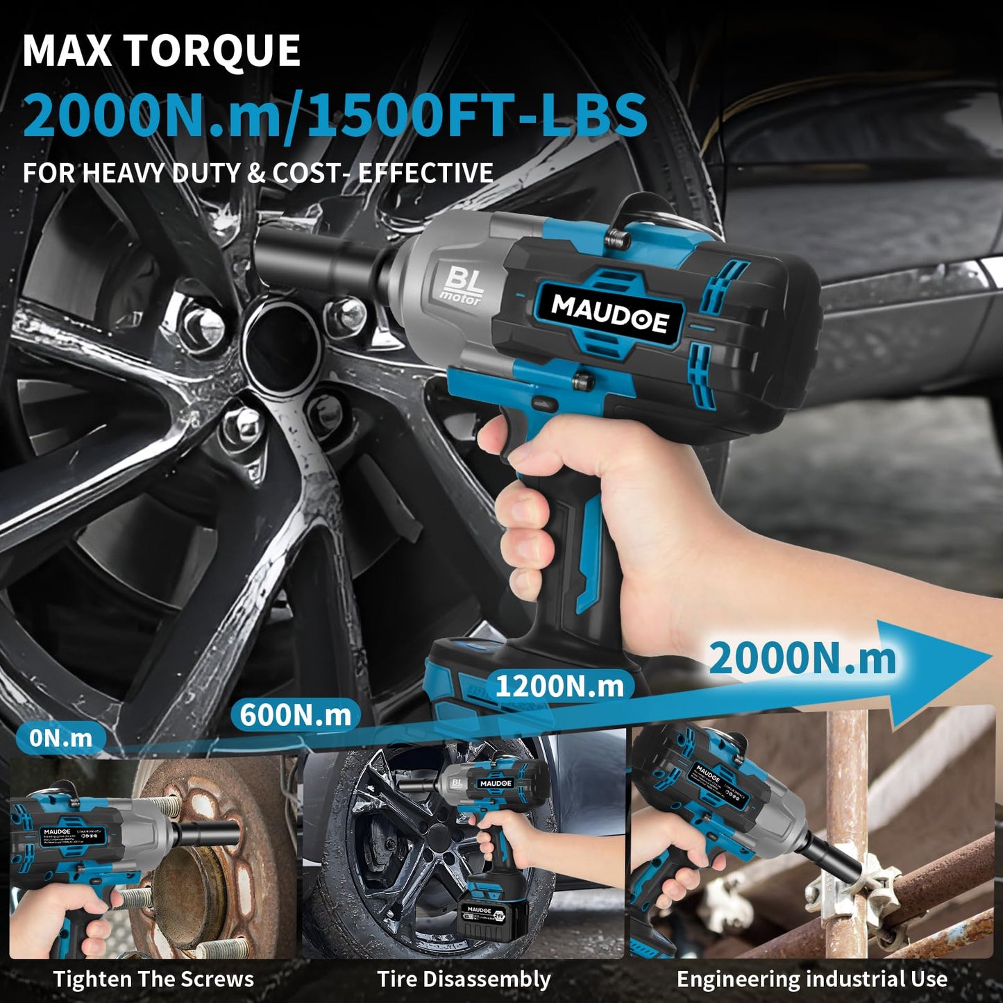 MAUDOE 2000Nm Cordless Impact Gun, 1/2" 1500Ft-lbs Heavy Duty Impact Wrench with 2 x 6.0Ah Battery & 5 Sockets, 21V Brushless High Torque Electric Pistola Llave de Impacto for Car/Truck RV/Mower