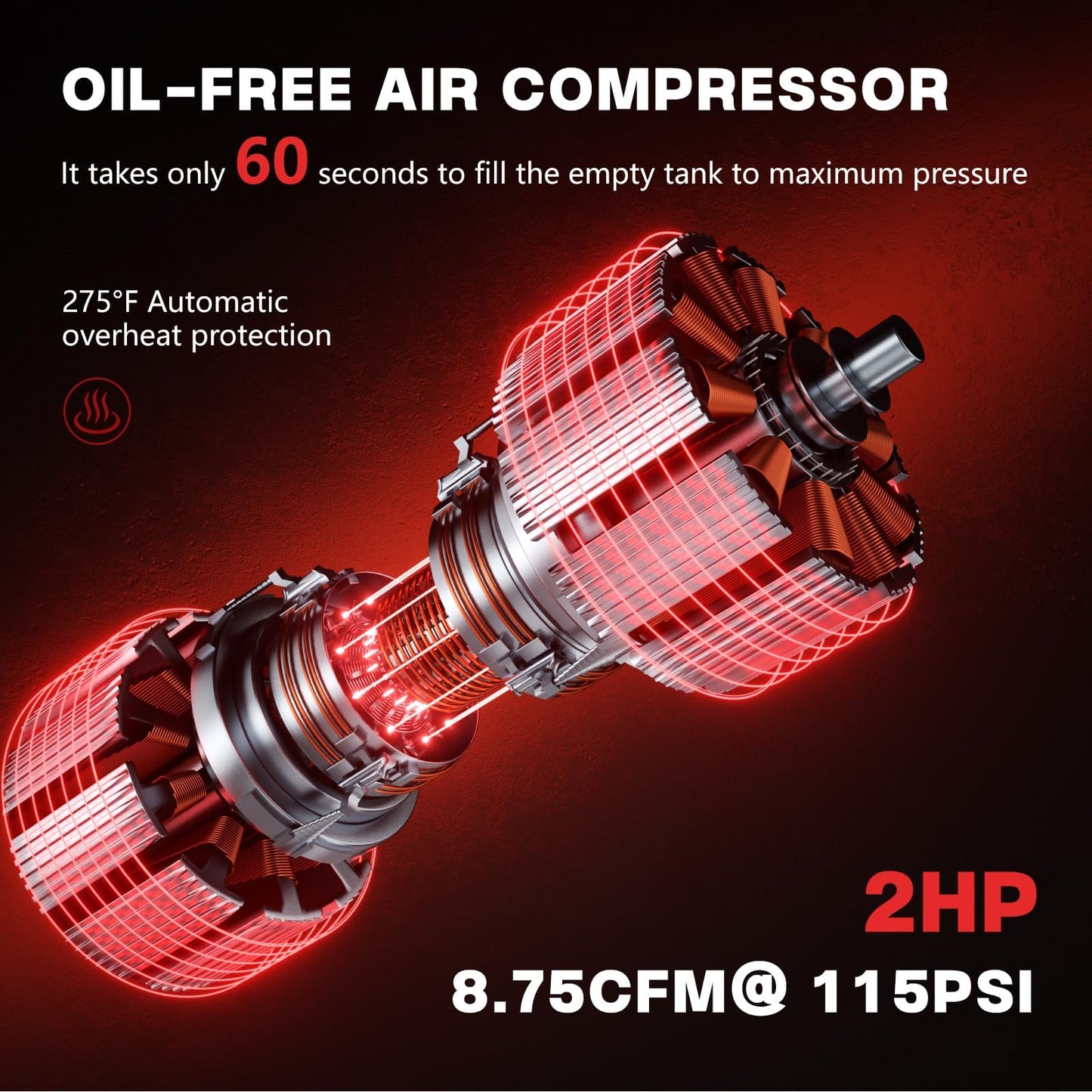 12 Gallon Ultra Quiet Air Compressor with 2 Quick Couplers 2HP 8.75 CFM, Max 115 PSI Pressure Oil-Free Air Compressor Tank, 70dB Quiet Compressor for Auto Repair, Tire Inflation 110V/60hz