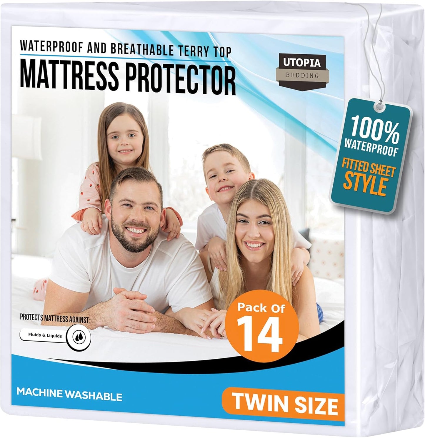 Twin Size Mattress Protector Waterproof 14 Pack, Premium 200 GSM Terry Mattress Cover, Soft & Breathable Bed Cover, Fitted Sheet Style Stretchable Deep Pockets 15" by Utopia Bedding (White)