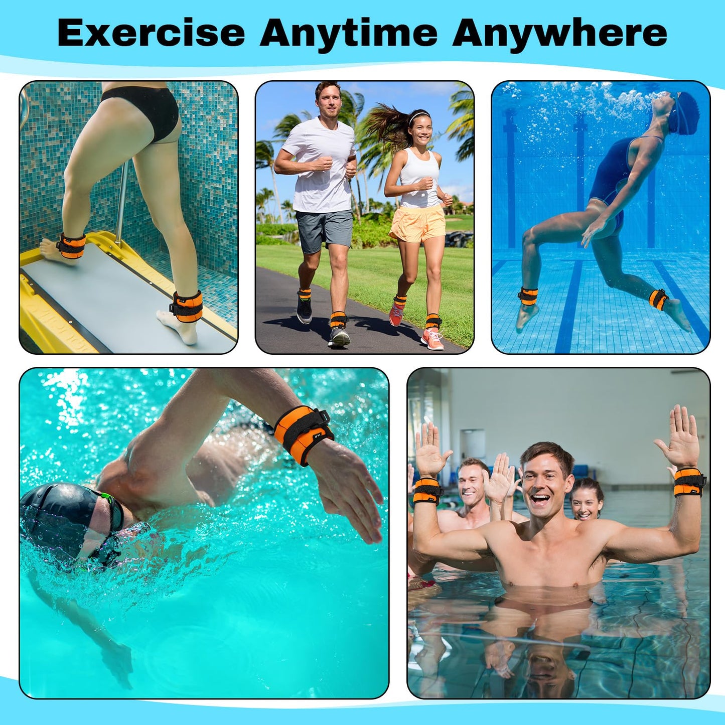 Hollowfly 2 Pairs Ankle Wrist Weights for Land or Aquatic Exercise Aqua Cuffs Aqua Aerobics Fitness Bands for Ankle and Wrist Adjustable Weights for Swimming Pool Workout Equipment (Orange,1lb)