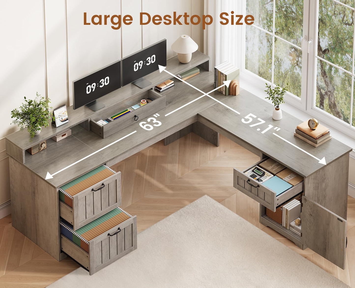 SEDETA 63" L Shaped Desk with Drawers, Farmhouse Corner Computer Desk, Wood Office Desk with File Drawers with Storage, Executive Desk with Monitor Stand and Storage Cabinet, Grey