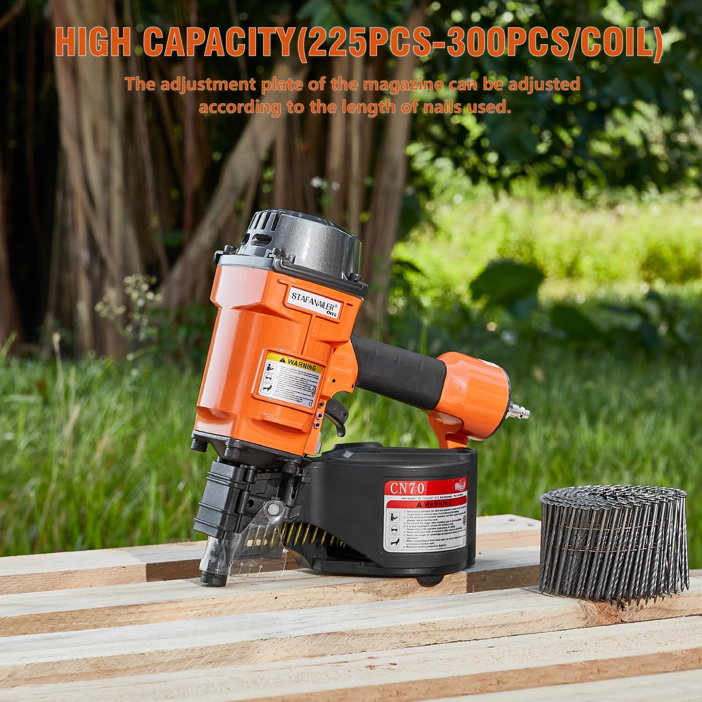 Stafanailer Update CN70 Air Coil Nailer, 15 Degree Pneumatic Coil Nail Gun, 1-3/4" to 2-3/4" Fast Shooting Nailer, High Speed Air Coil Nail Gun for Pallets, Siding, Crating, Fencing, Decking