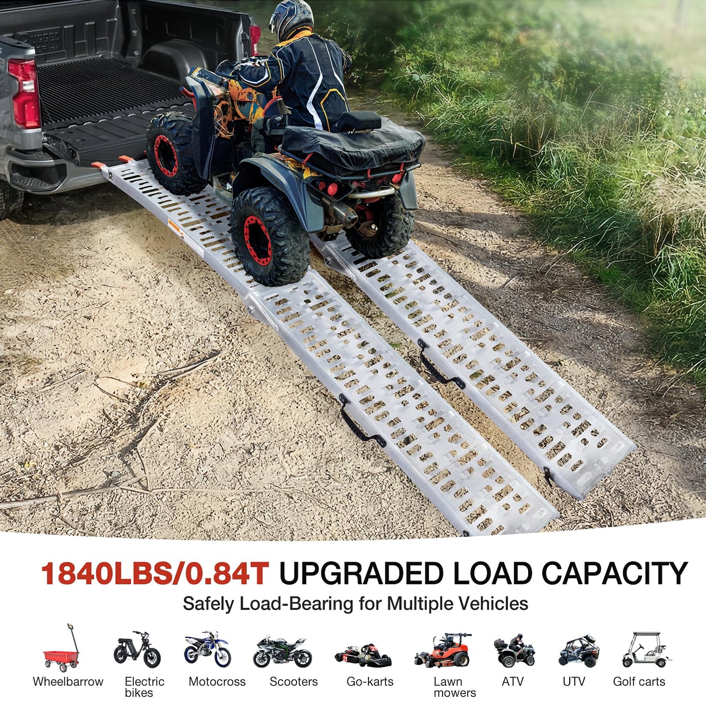1840lb Capacity Truck Ramps, Aluminum Folding Loading Ramps for Car, Truck & Trailer Bed - with Load Straps for ATV/UTV, Golf Carts, Lawn Mowers, Go-Karts, Wheelbarrow, Motorcycles