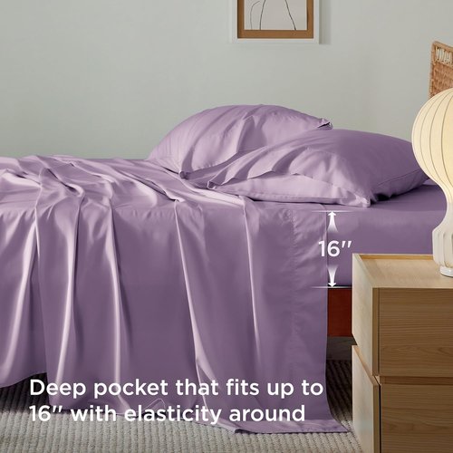 Bedsure Queen Sheet Set - Cooling Rayon Bamboo Sheets | Breathable & Soft, Deep Pocket Up to 16 Inches, Lilac