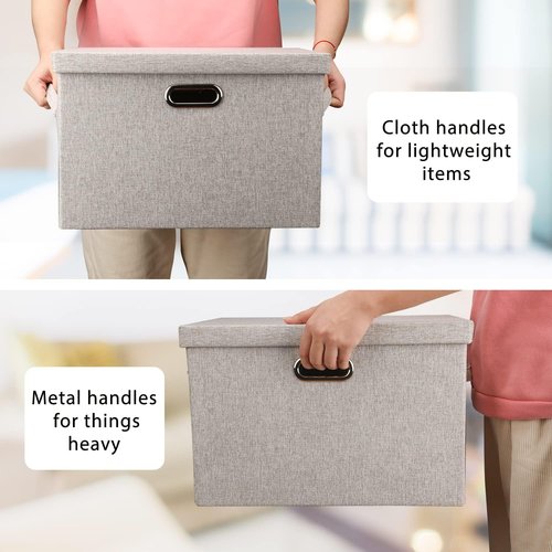 Graciadeco Large Collapsible Storage Bins - Stackable Beige Linen Fabric Boxes | 3-Pack (16.6 x 11.7 x 10.8)
