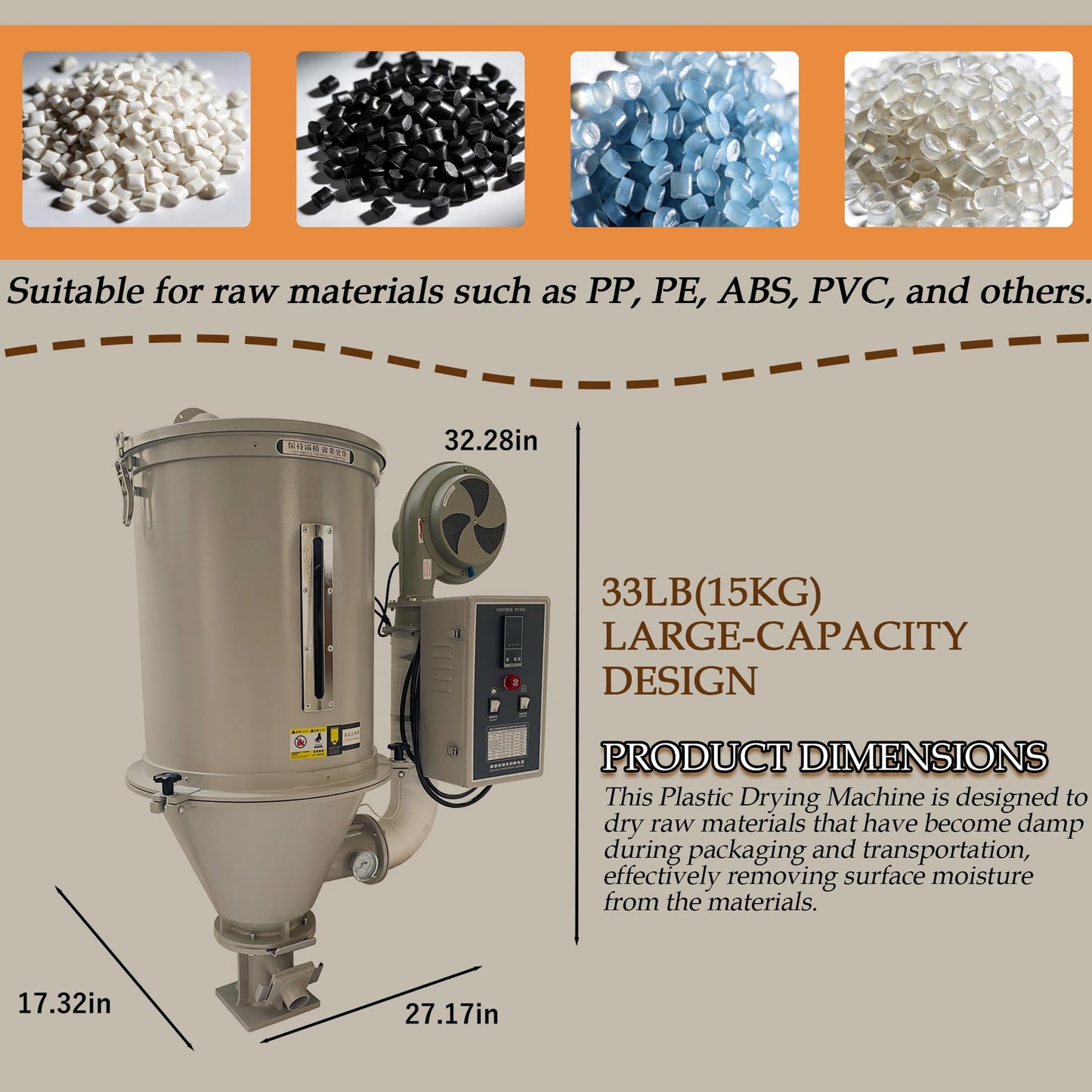 Maisutseb Plastic Pellet 15kg Drye Plastic Injection Molding Machine Industrial Hopper Type Dryer 2.7kw Hot Air Drying Machine for PP, PE, ABS, PVC