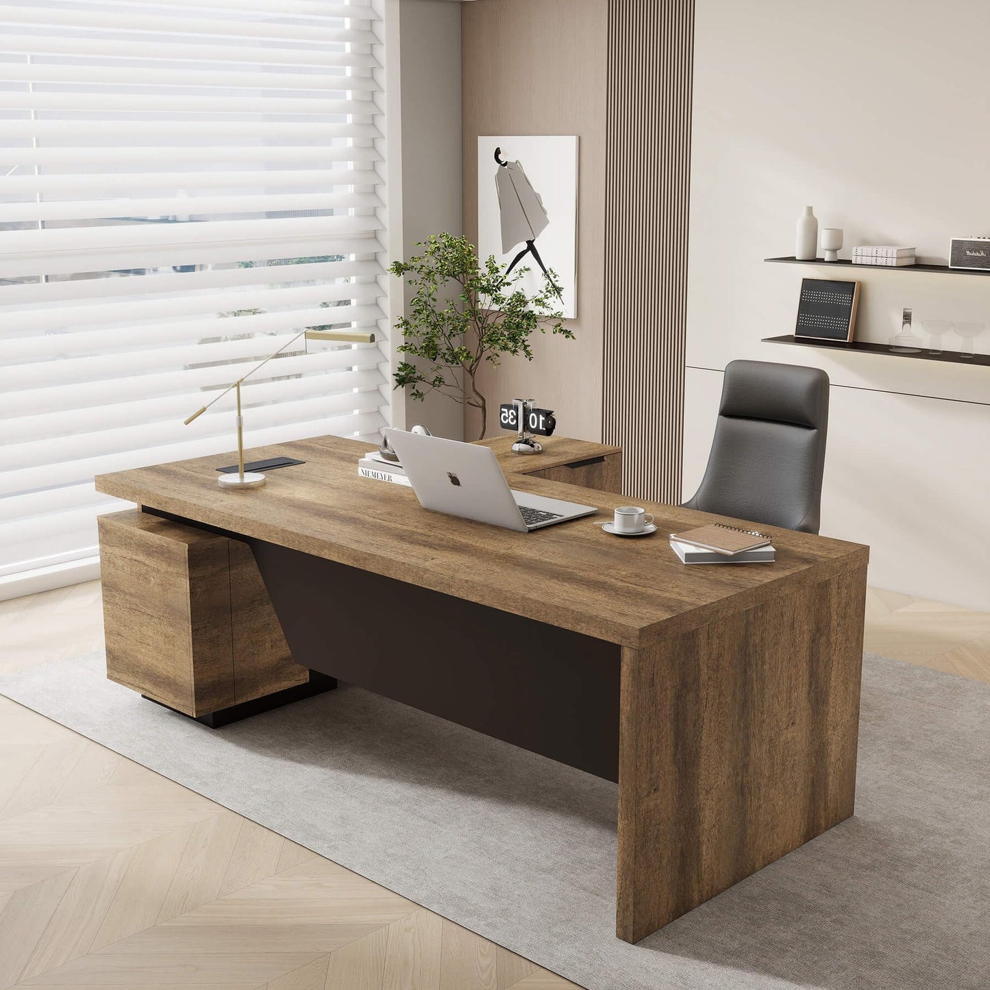 SAINTCY L-Shaped Executive Desk, Retractable Office Desk with Drawers, Large Wood Computer Desks Adjustable Width for Boss, Bussiness Owners, Manangers and Supervisors, (Right Return, 70.86" to 78.7")