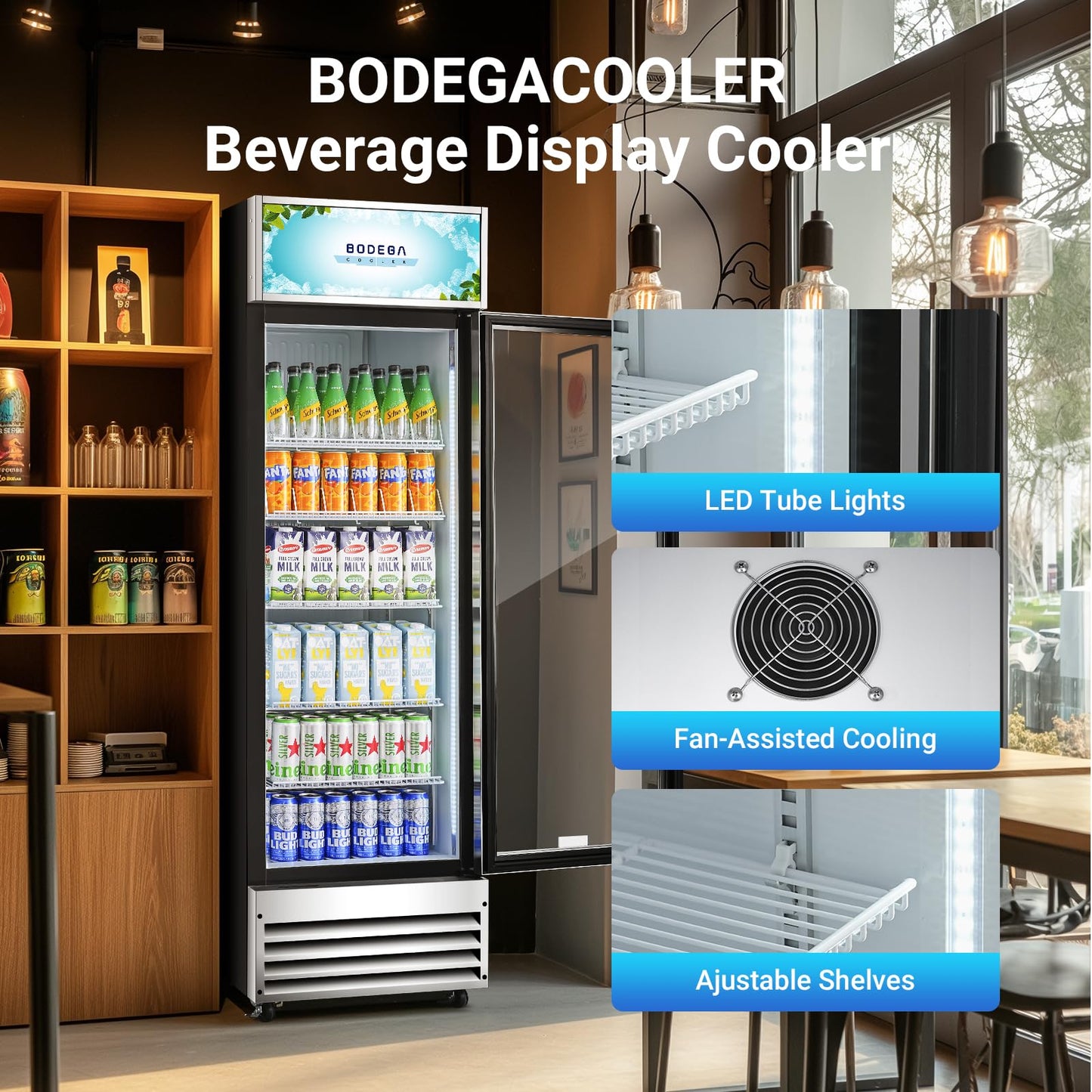 BODEGACOOLER Commercial Merchandiser Refrigerator, 12.5 Cu.Ft Glass Door Display Cooler, Upright Beverage Refrigerator with Soft LED Light, Adjustable Shelves, 4 Heavy-Duty Stainless Steel Casters
