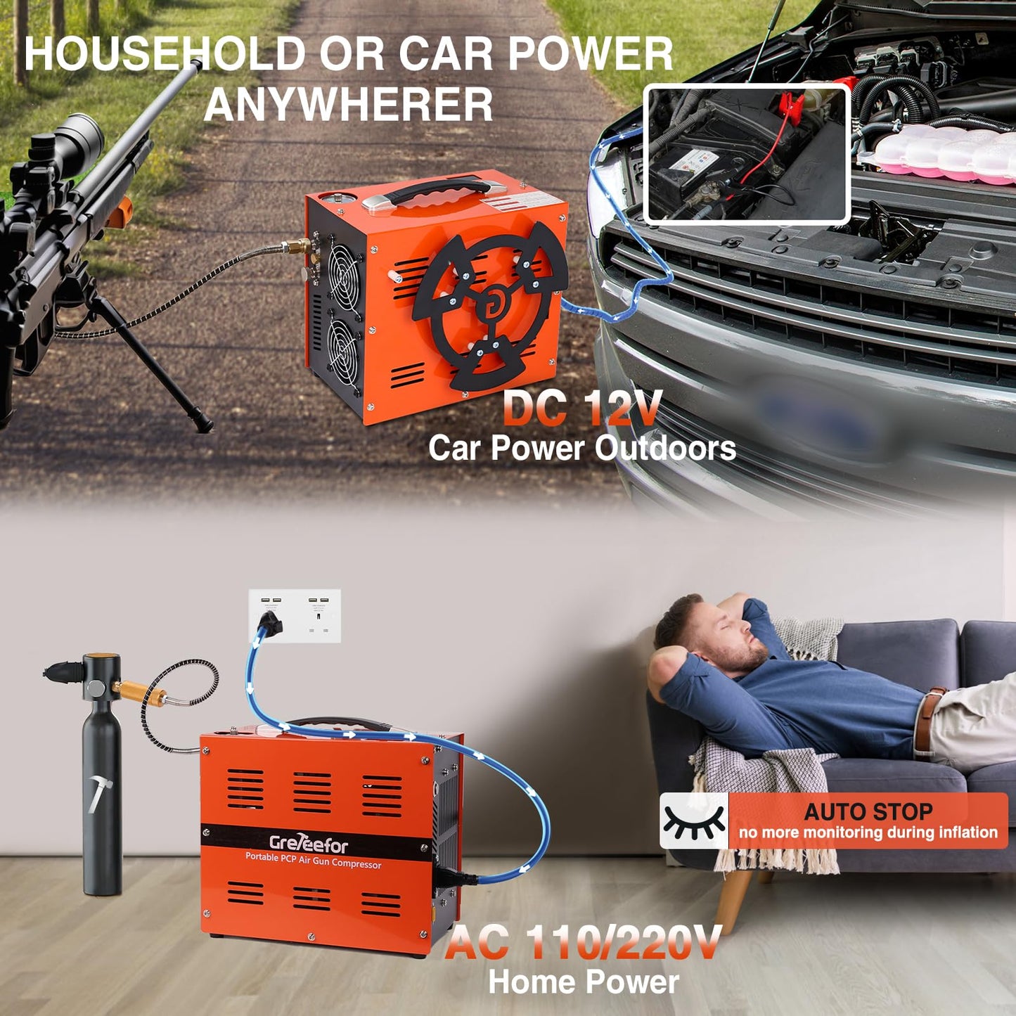 PCP Air Compressor, 4500 PSI / 30 MPa, 350W Motor, Auto Stop, Built-in Adapter, 12V DC or 110V / 220V AC Power, Portable Water/Oil-Free Pump for Paintball, Air Rifle, Airguns, HPA Tanks, Orange