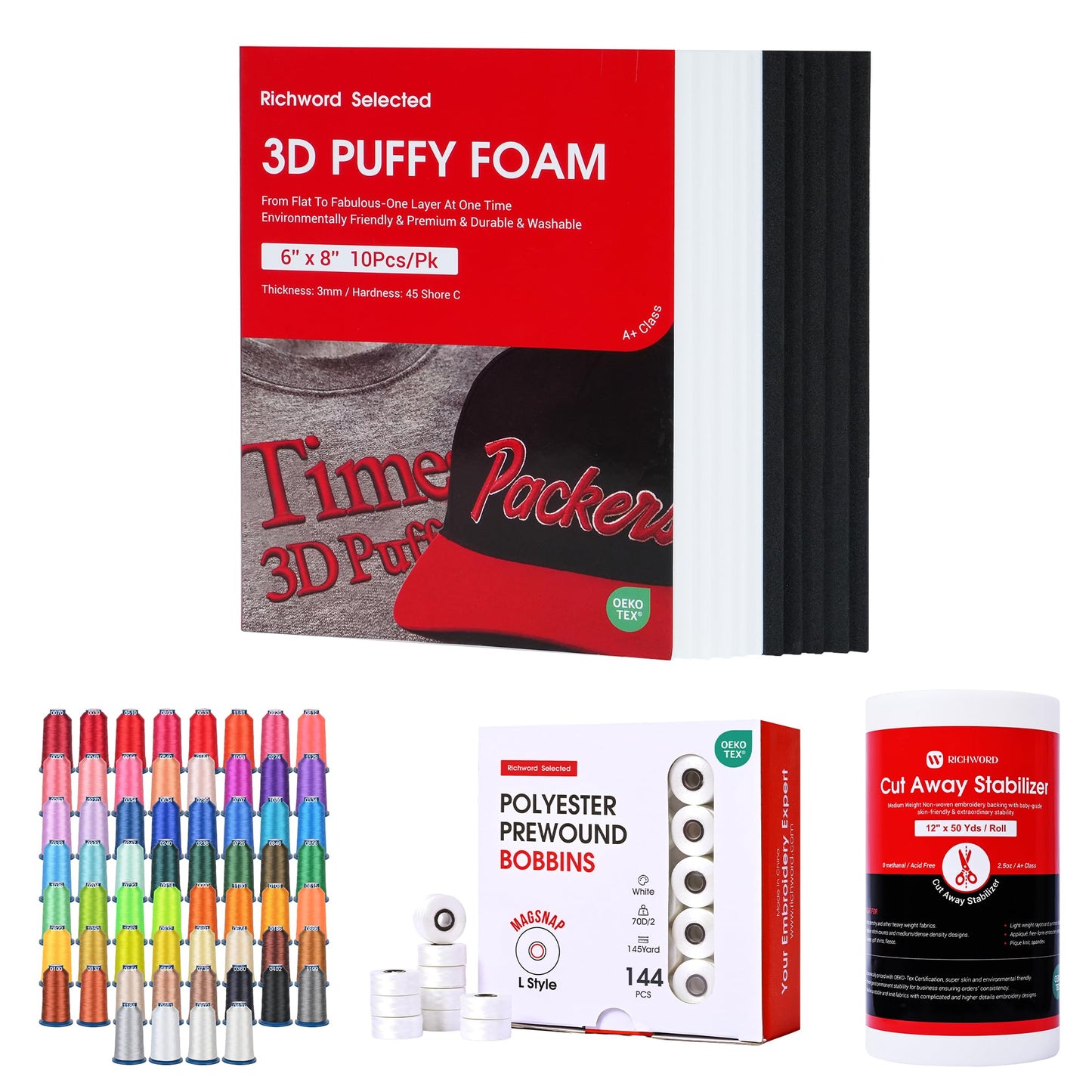 3D Embroidery Puffy Foam+ Cut Away Stabilizer 12" x 50 +60 Colors Embroidery Thread+ Magsnap Bobbins