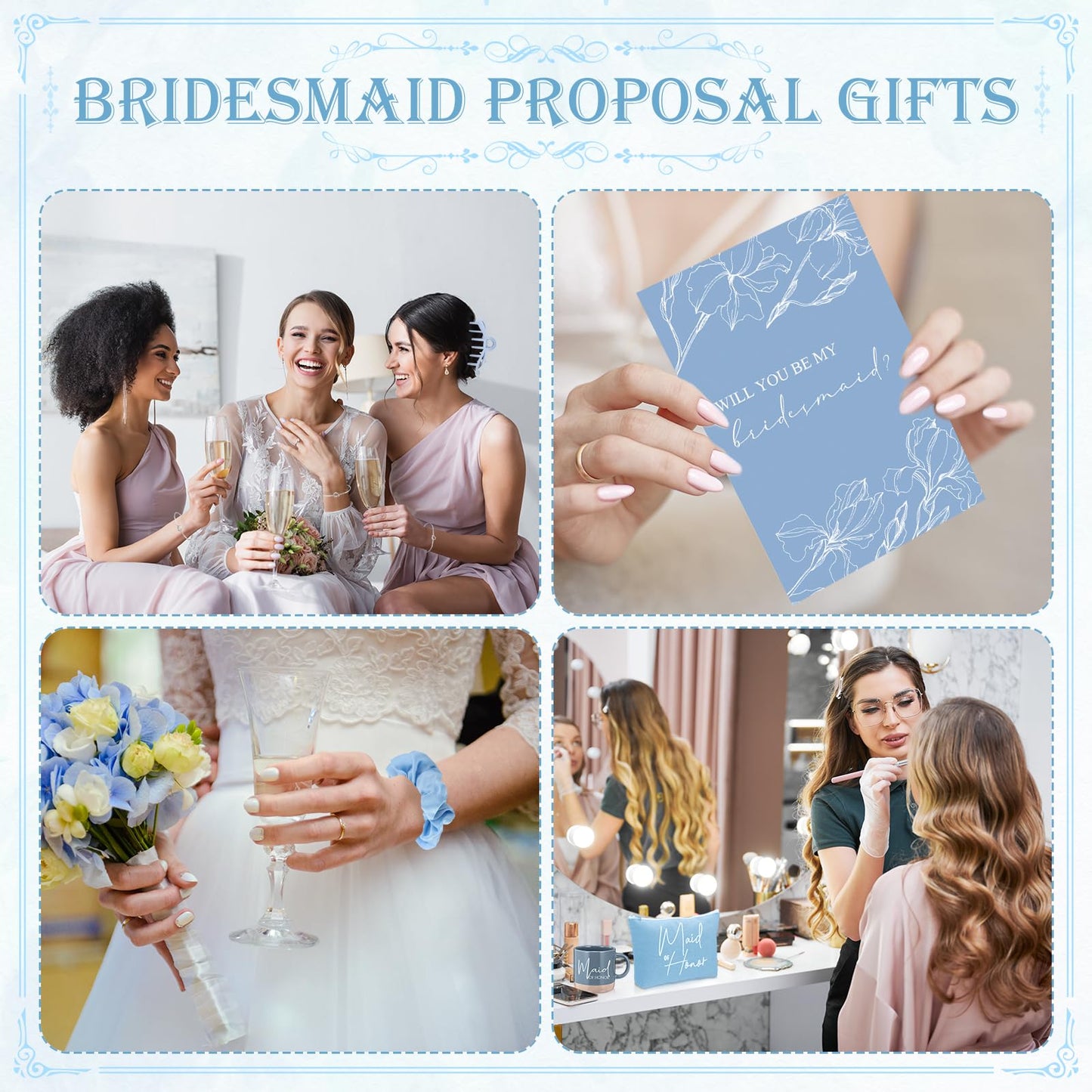 Didaey 42 Pcs 6 Sets Bridesmaid Proposal Gifts, Wedding Favors for Bridesmaids & Maid of Honor Ceramic Coffee Mugs Makeup Bags Invited Cards Scrunchies Bracelets Jewelry Bags Hair Clips(Blue)