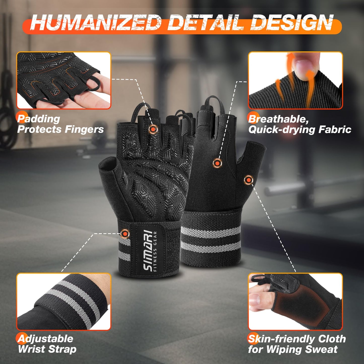 SIMARI Workout Gym Gloves for Men Women, Weight Lifting Gloves with Wrist Wrap Support, SBR Pad Grip for Full Palm Protection, for Exercise, Fitness, Dumbbells, Barbell, Climbing, Fingerless