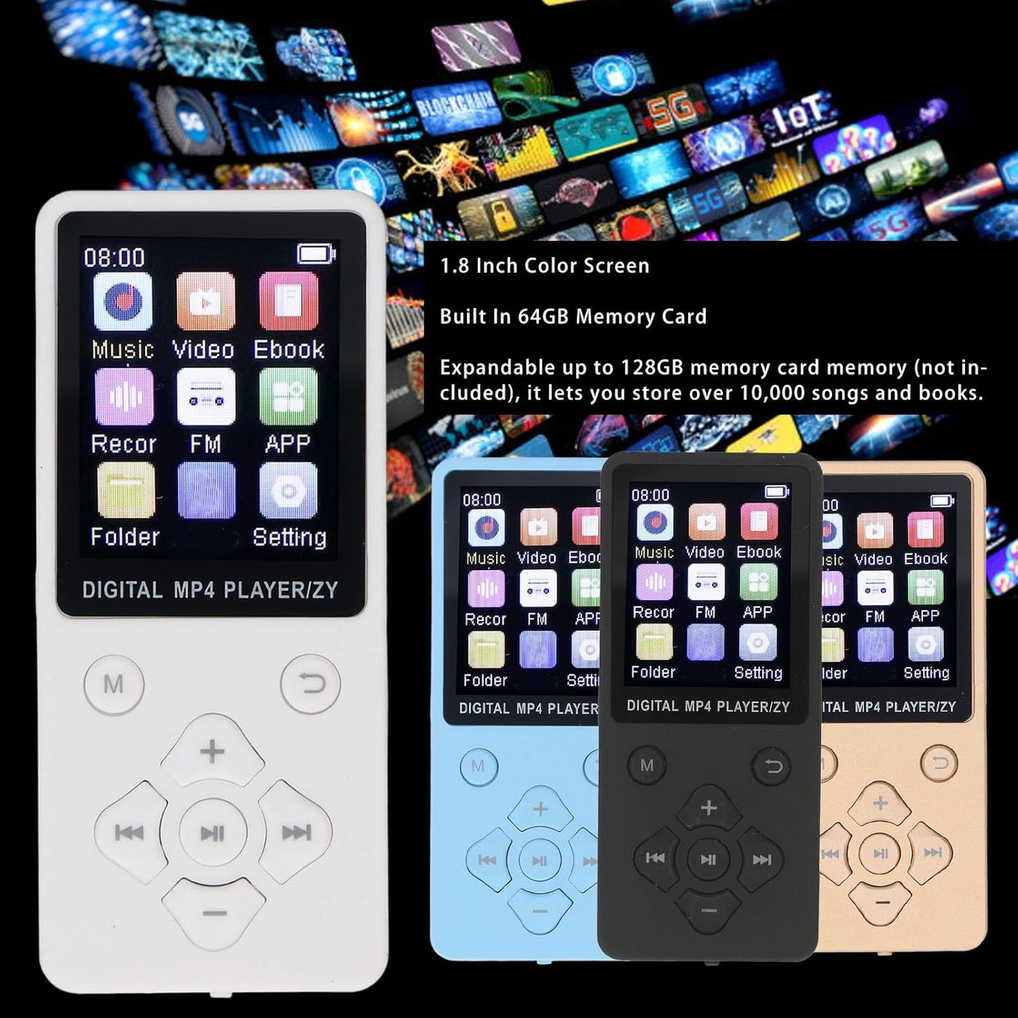 Yunseity 64GB MP3 5.0 MP3 MP4 1.8in Player, Bluetooth Portable HiFi Sound Quality Music Player, & Player with Color