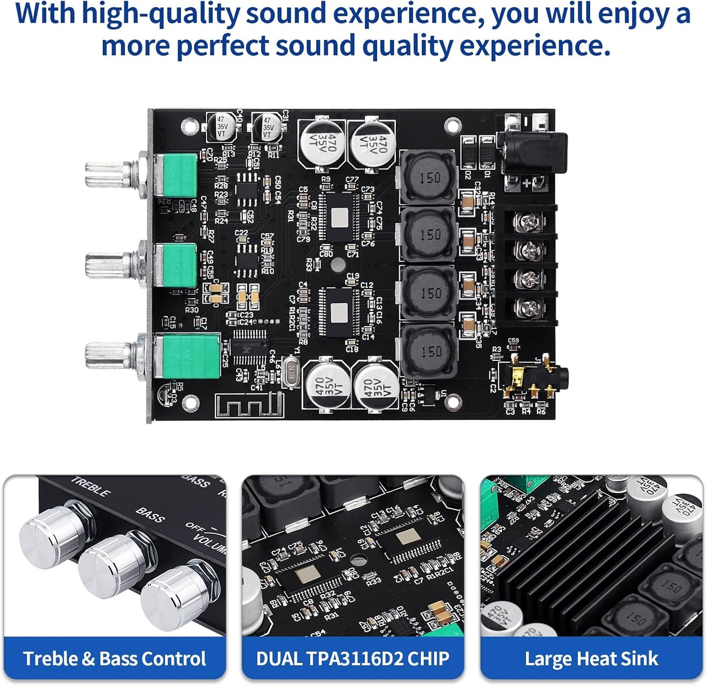 2.0 5.0 200W 12-24V 2.0 Channel Bluetooth Amplifier Board HiFi Subwoofer Audio AMP with Treble and Bass, BT USB and AUX