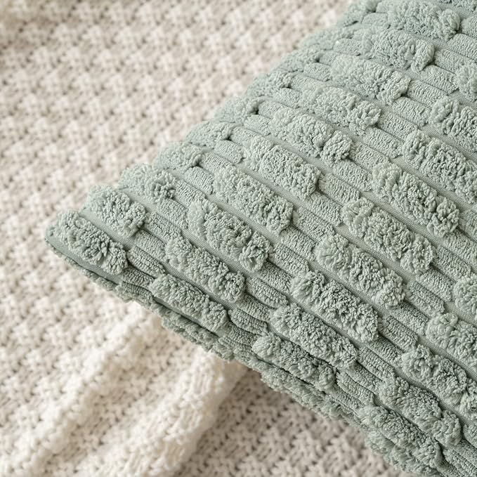 MIULEE Pack of 2 Spring Corduroy Decorative Throw Pillow Covers 18x18 Inch Soft Boho Striped Pillow Covers Modern Farmhouse Home Decor for Summer Sofa Living Room Couch Bed Greyish Green