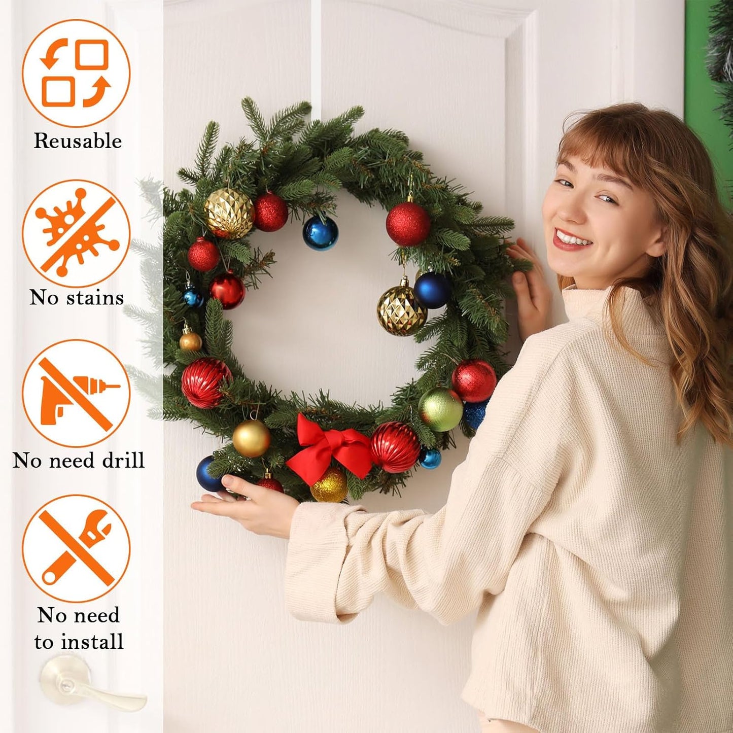 Skiennix 12-Inch Wreath Hangers - Clear Over-The-Door Hooks, 2-Pack Non-Scratch Design for Holiday Decor