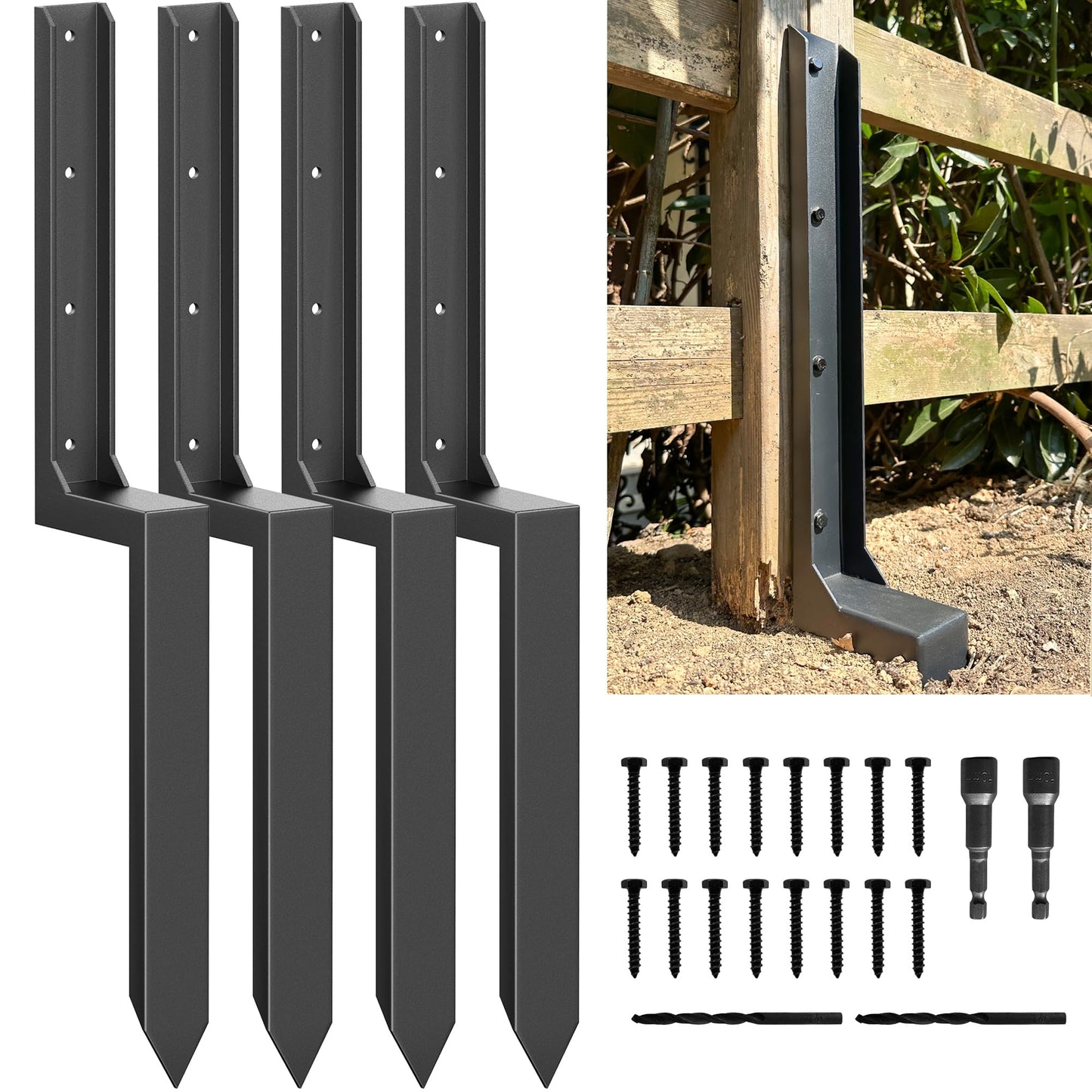 ARKSOLDIER Fence Post Repair Kit - One-Piece Steel Anchors & Stakes to Quick Fix Broken/Leaning 4x4/6x6 Wood Posts Support (Thickened 11-Gauge, 4-Pack)