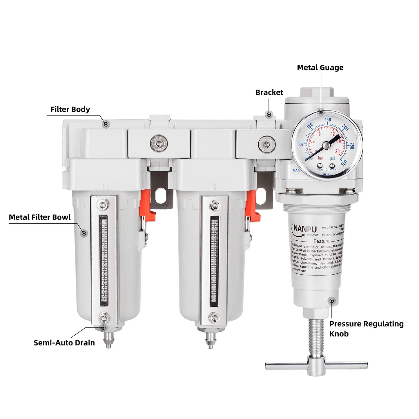 NANPU 3/8" NPT T-Handle High Pressure Air Drying System - Double 5 Micron Particulate Filter & Air Pressure Regulator Piston Combo, Semi-Auto Drain＆Gauge