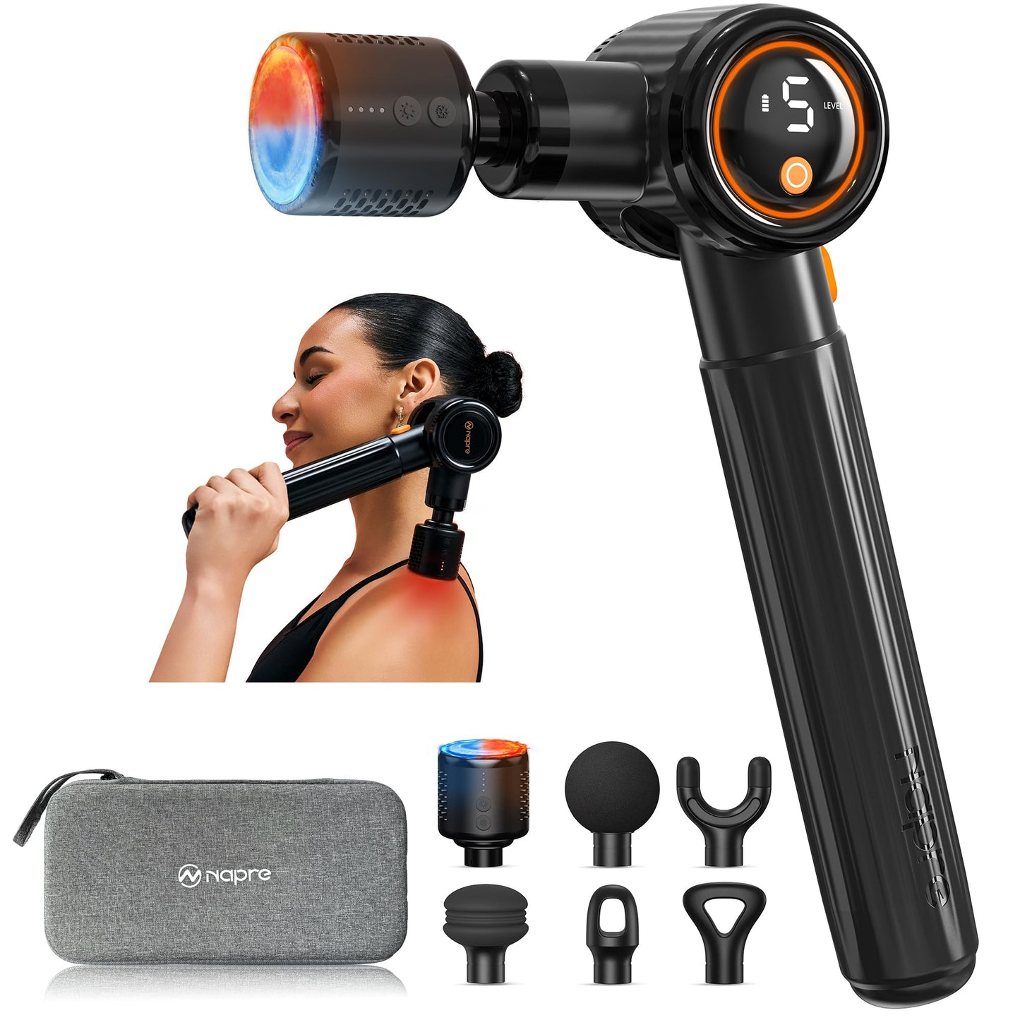 NAPRE Massage Gun with Heat and Cold,Massage Gun Deep Tissue with Extension Handle & 3 Adjustable Angles,Handheld Percussion Back Massager for Muscle/Neck/Body Pain Relief,6 Heads,with Case