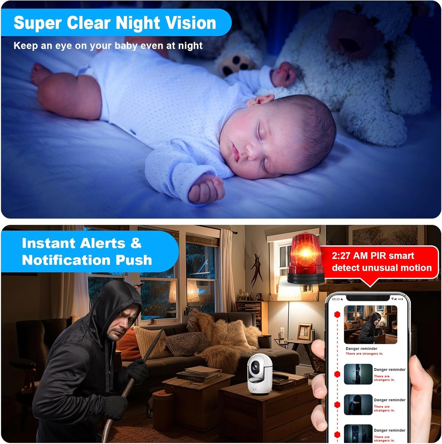 Cloarks 2K 5/2.4 2-Way 24/7, Indoor Camera, GHz WiFi Pan/Tilt Security Camera with AI Motion Detection, One-Click Call