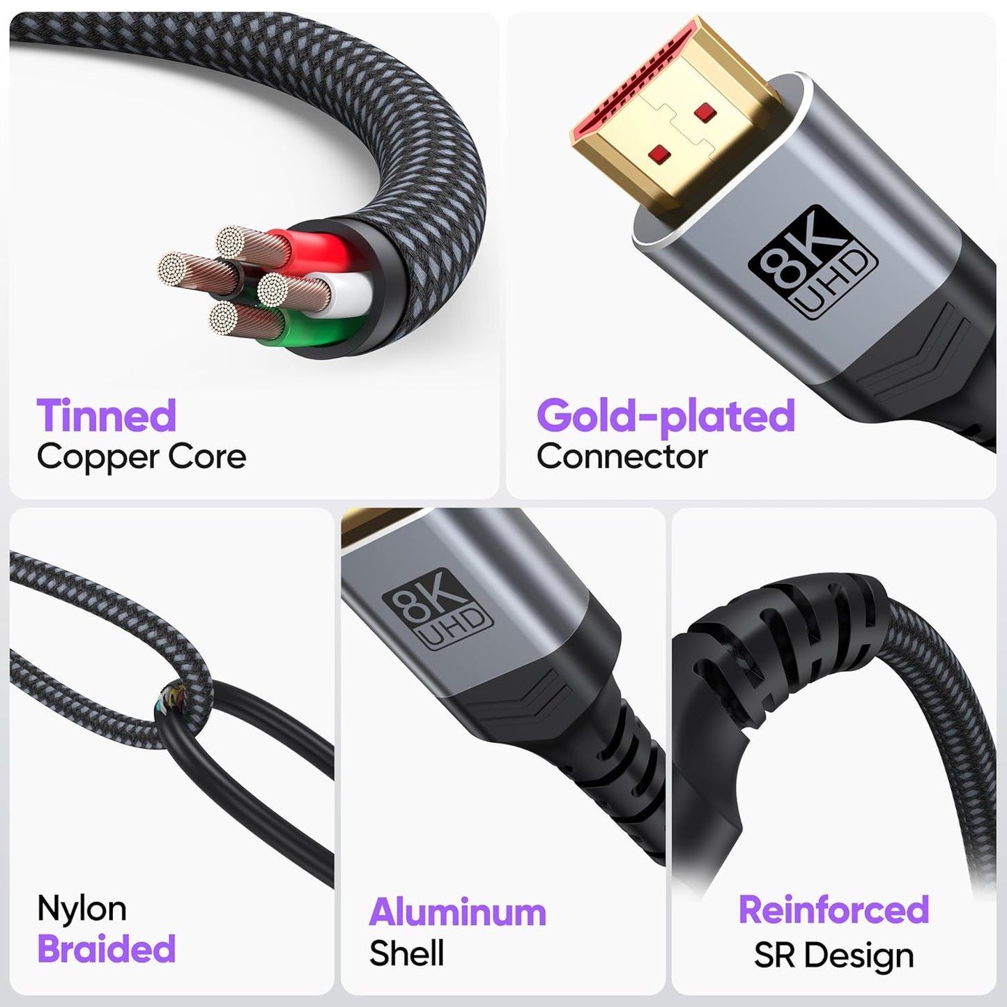 Vorothin 8K 3FT 5-Pack, 48Gbps 2.1, 4K@120Hz/144Hz 8K@60Hz, HDR10 2.2/2.3 PS5, HDMI Cable High Speed HDMI Cable eARC