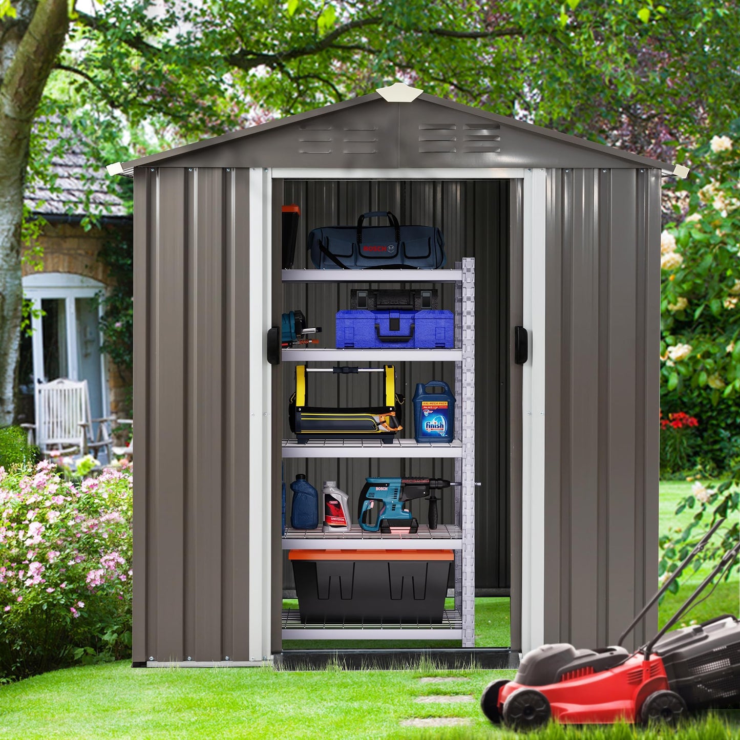 Shintenchi 6x4 FT Outdoor Storage Shed with Window, Lockable Outdoor Waterproof Tool Storage Sheds, Weather Resistant Tool Storage House Shed for Garden, Backyard,Patio Utility Tool Storage,Steel Grey