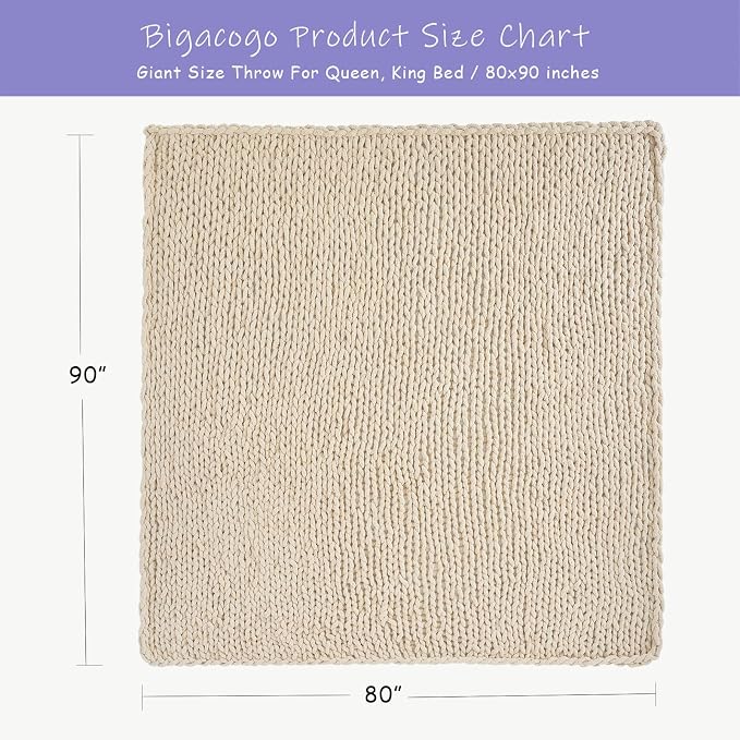 Bigacogo Chunky Knit Throw Blanket for Couch, 80x90 inches, 100% Hand Knitted with Thick Jumbo Chenille Yarn, Cozy Soft Large Rope Knot Cable Crochet Blankets for Sofa Bed Living Room, Beige