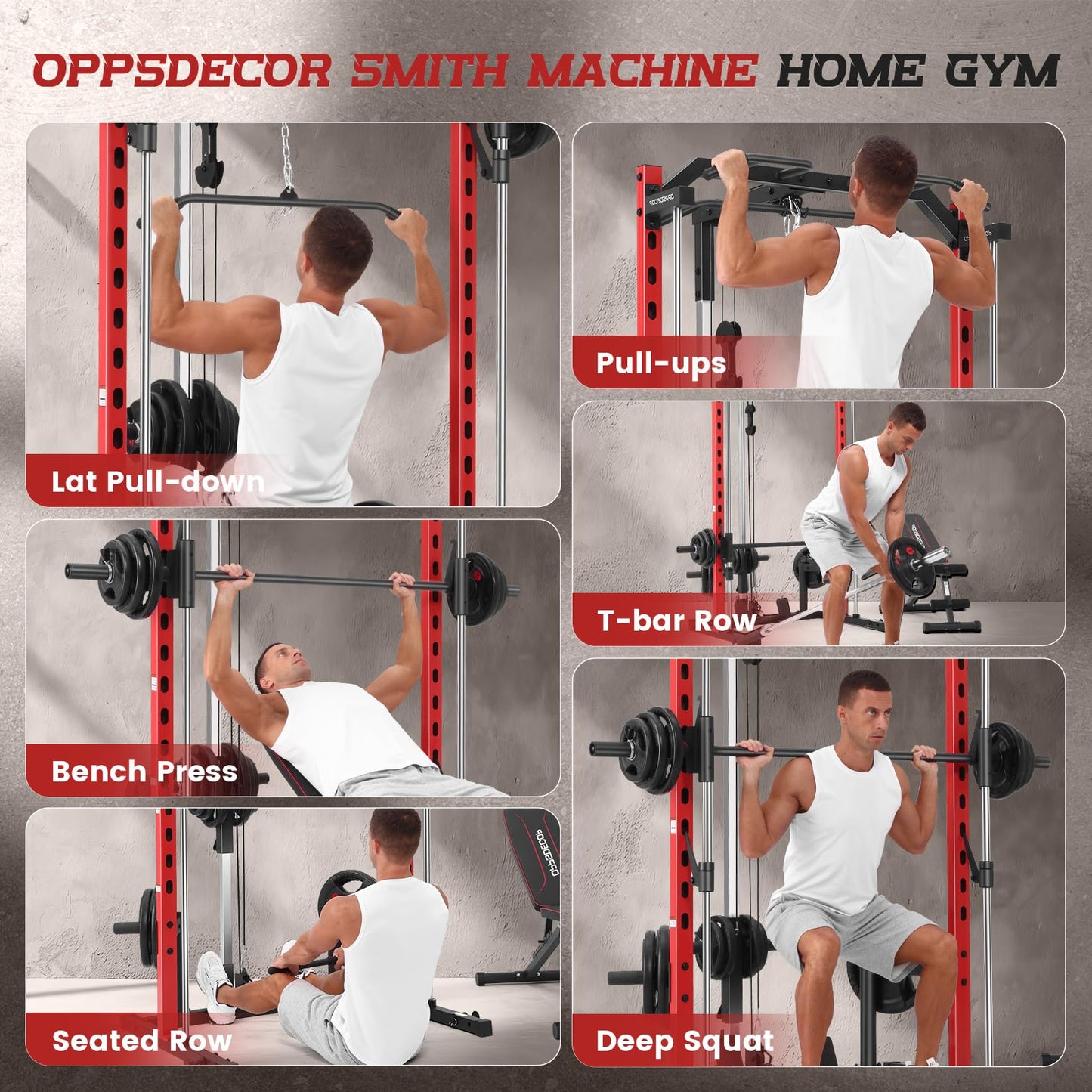 OPPSDECOR All-in-One Smith Machine for Home Gym, 1400LBS Multi-Functional Power Cage Squat Rack with LAT Pulldown System, Cable Machine & Barbell Bar - Strength Training Equipment with Attachments