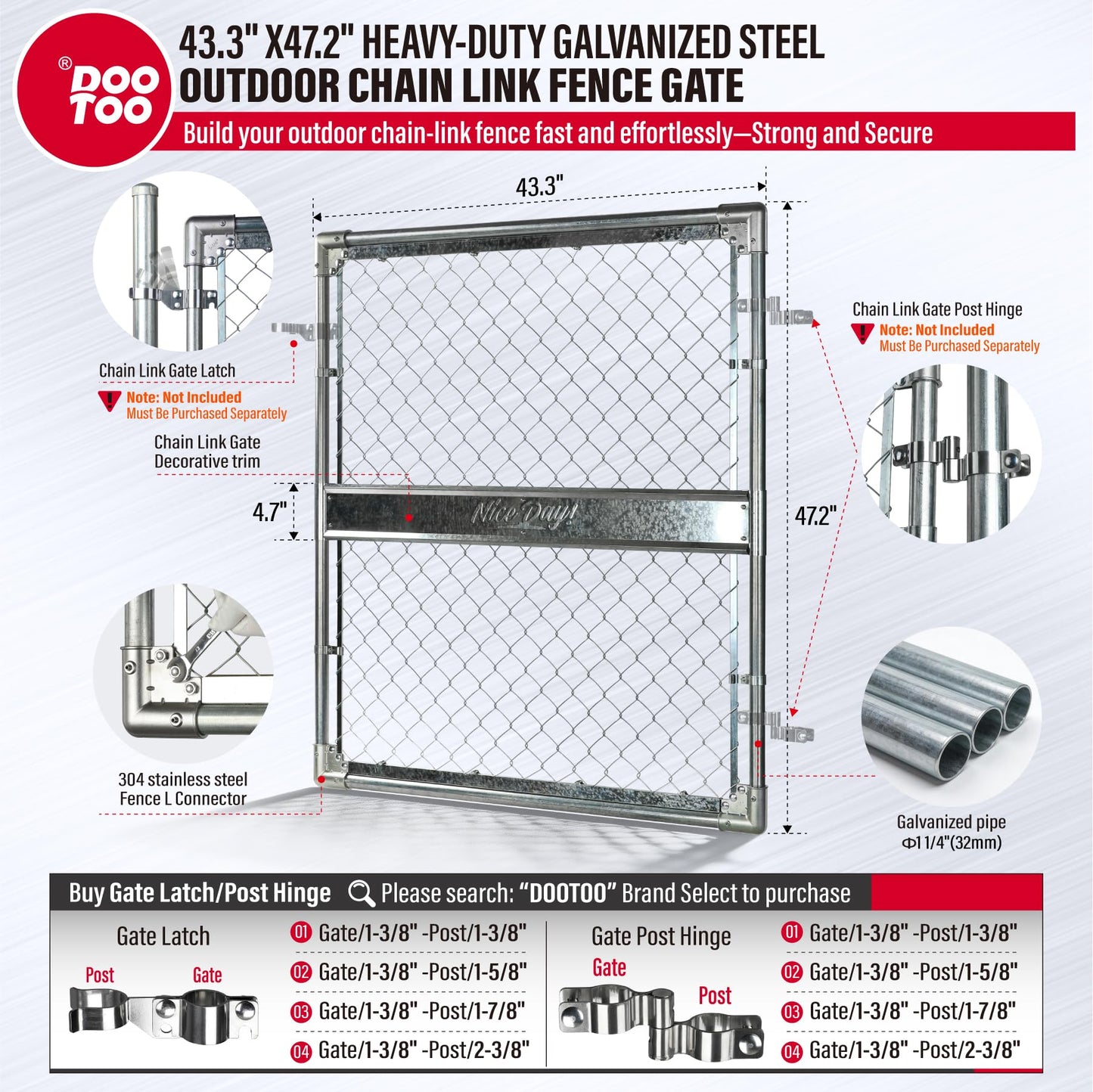 DooToo 4x4FT(43.3"W x 47.2"H) Heavy Duty Galvanized Steel Chain Link Gate, Durable Outdoor Fence Gate Easy Installation for Backyard丨Garden丨Pet Yard
