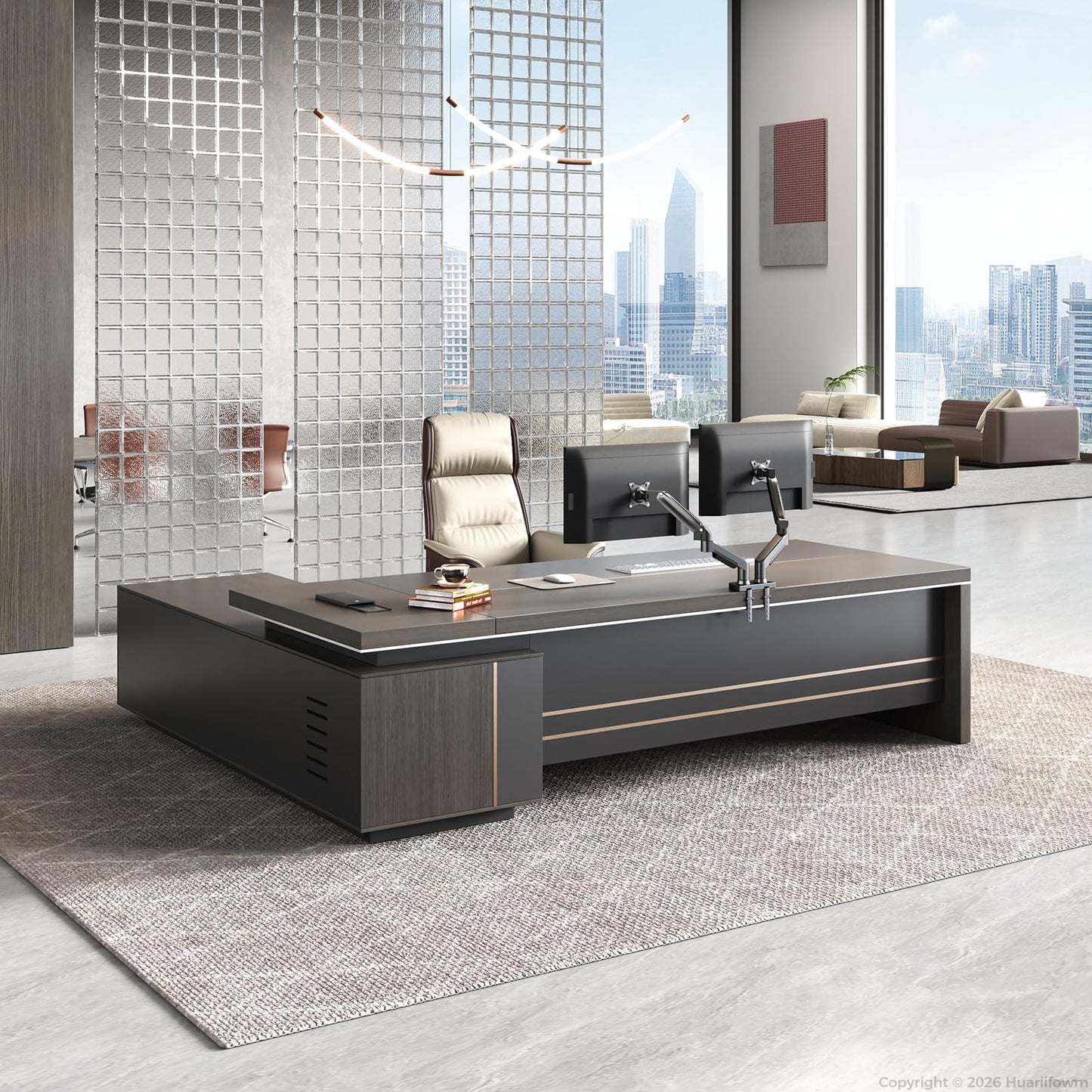 Huariifowm 79" L-Shaped Executive Desk with Reversible Return, Large Office Desk for Manager Office, Power Hub with USB-C HDMI RJ45, 3-Digit Lock Drawer, Storage Shelves and Privacy Panel, Gray Walnut