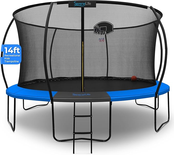 SereneLife 8FT 10FT 12FT 14FT Outdoor Trampoline for Kids - Recreational Backyard Trampoline with Curved Safety Poles, Net Enclosure, Ladder & Basketball Hoop - ASTM Approval for Kids Adults